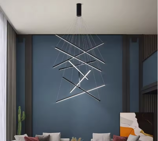 Conakry modern LED pendant light with suspended linear bars in a contemporary living room