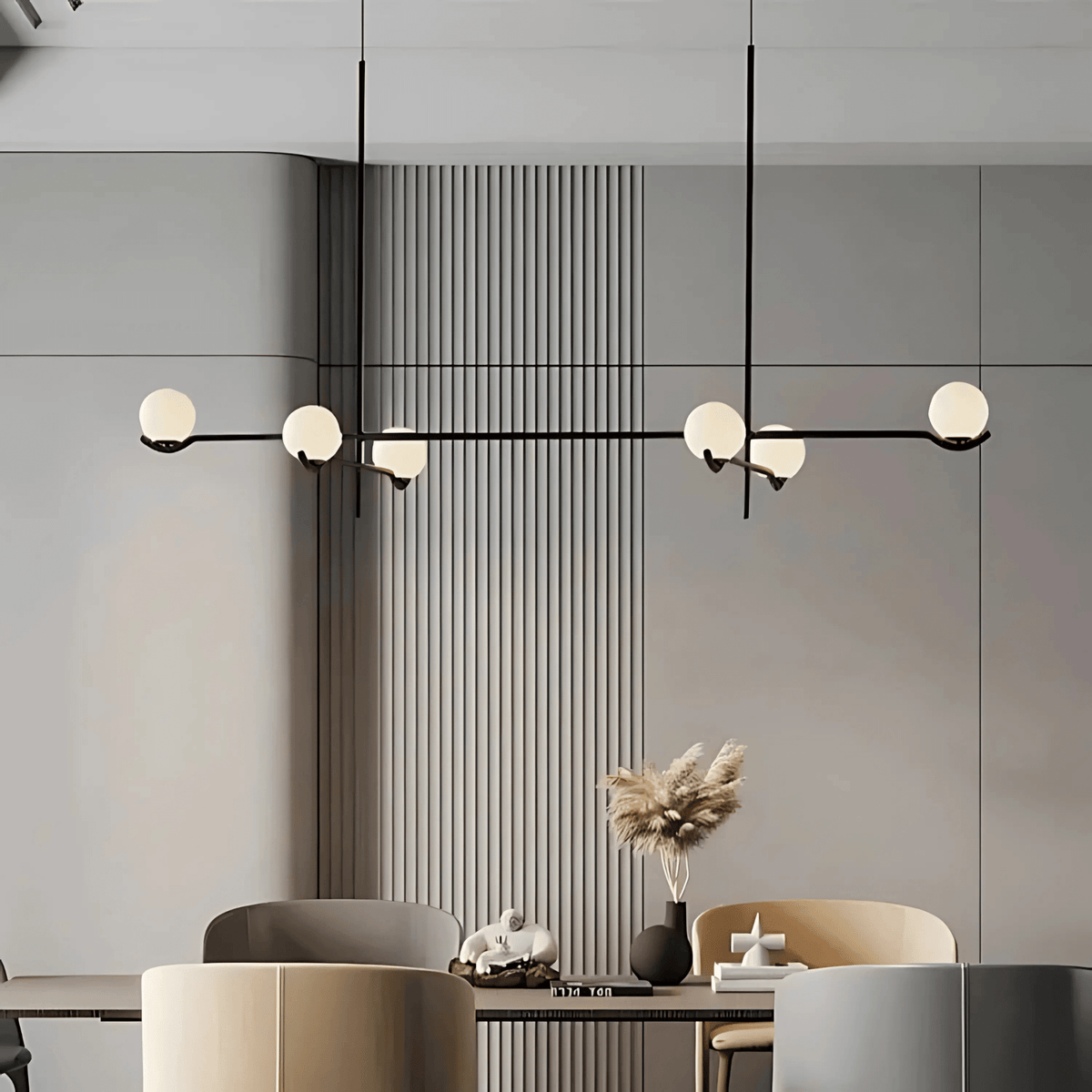 Modern Buenos Aires chandelier with black metal arms and frosted glass globes above a minimalist dining room