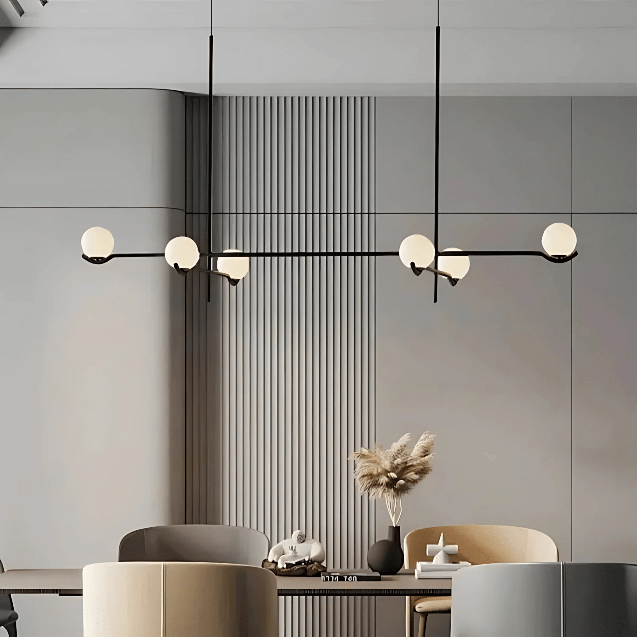 Modern Buenos Aires chandelier with black metal arms and frosted glass globes above a minimalist dining room