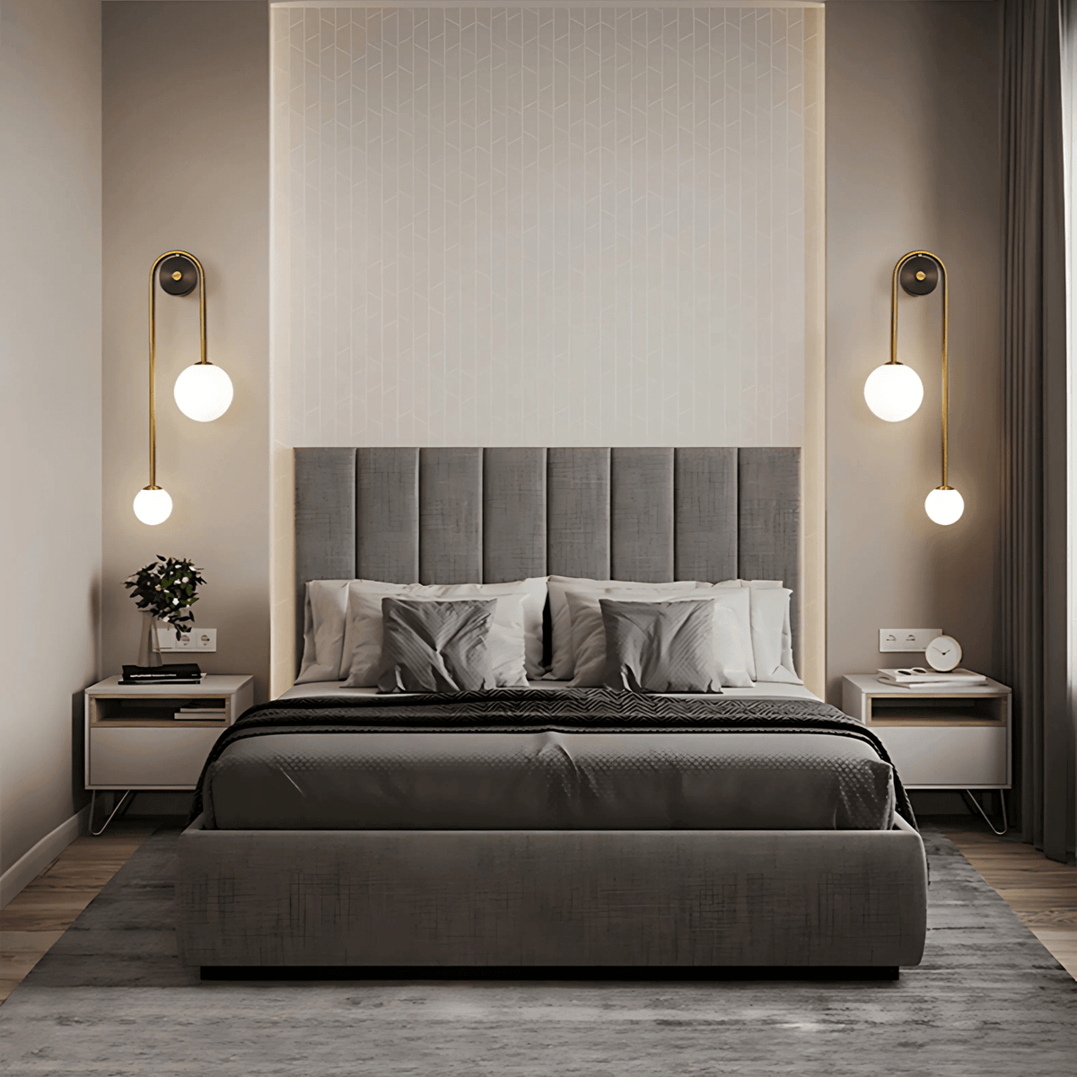Modern bedroom with Kyoto wall lights in brushed brass and frosted glass globes above bedside tables