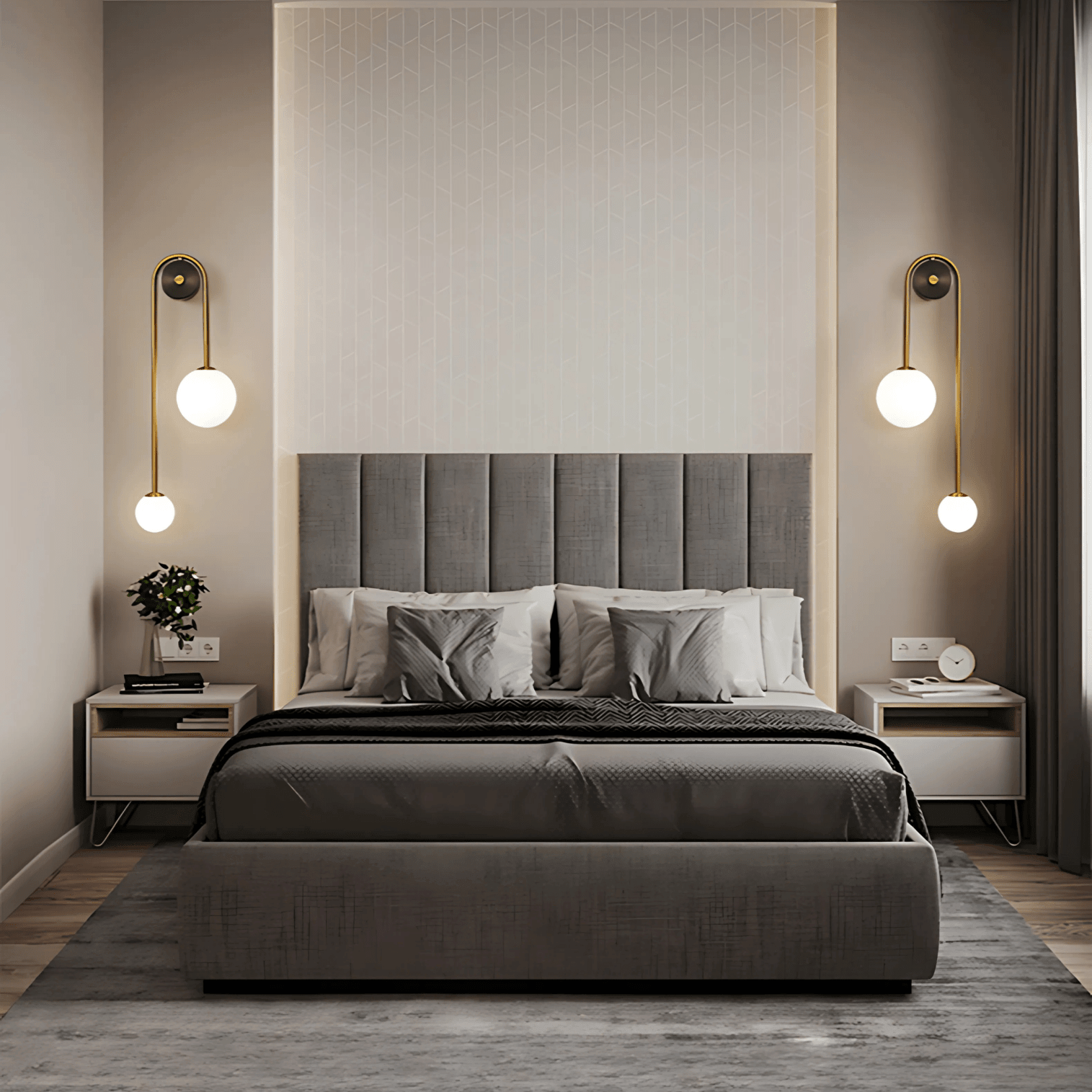 Modern bedroom with Kyoto wall lights in brushed brass and frosted glass globes above bedside tables