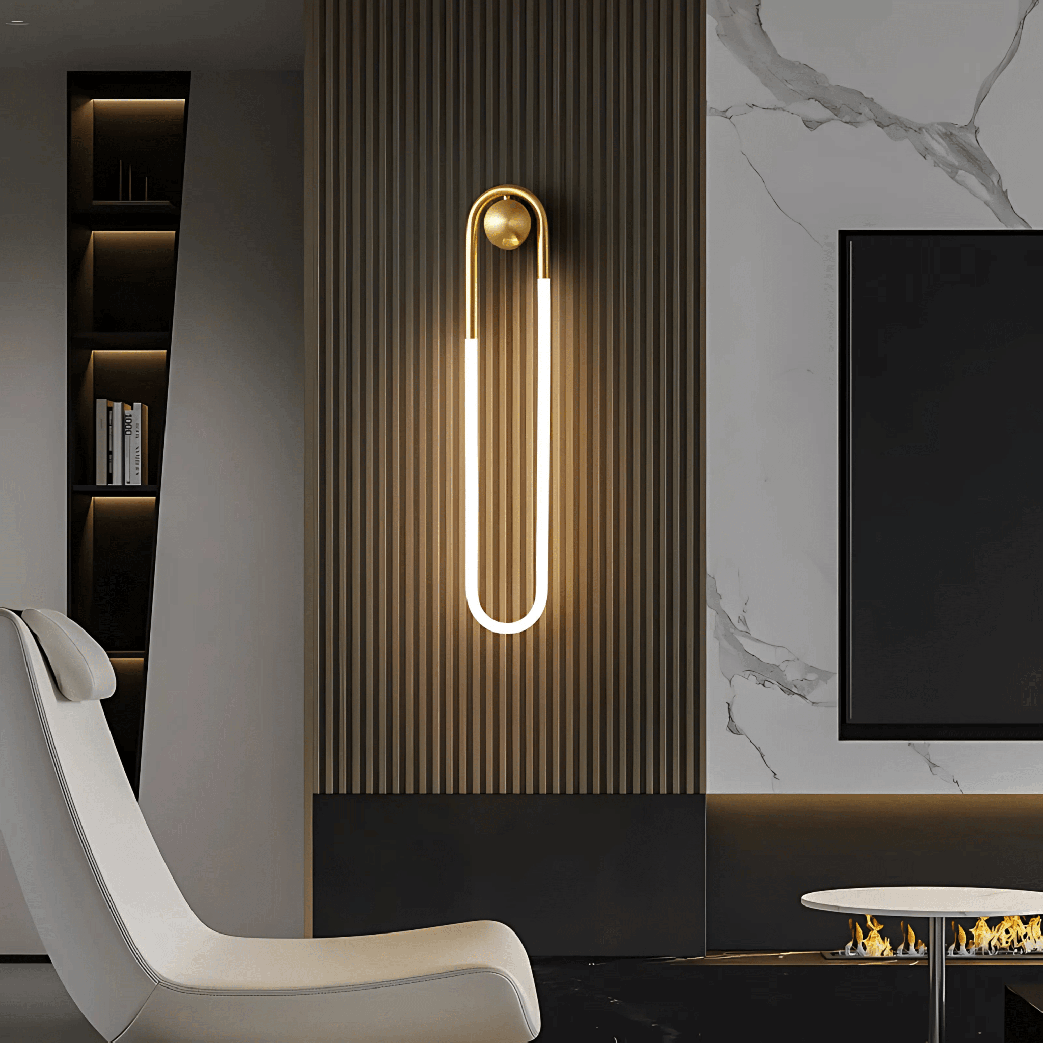 Lisbonne modern wall light with gold frame and warm LED glow on a ribbed interior wall