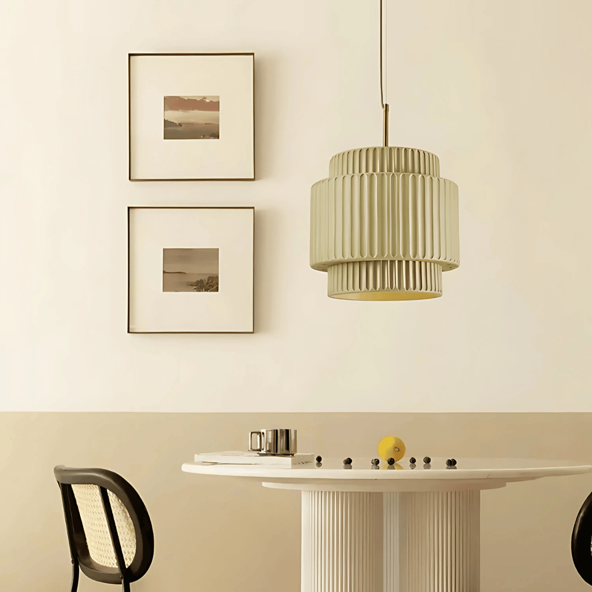 Bangkok pendant light with ribbed resin shade above a modern dining table in a neutral interior
