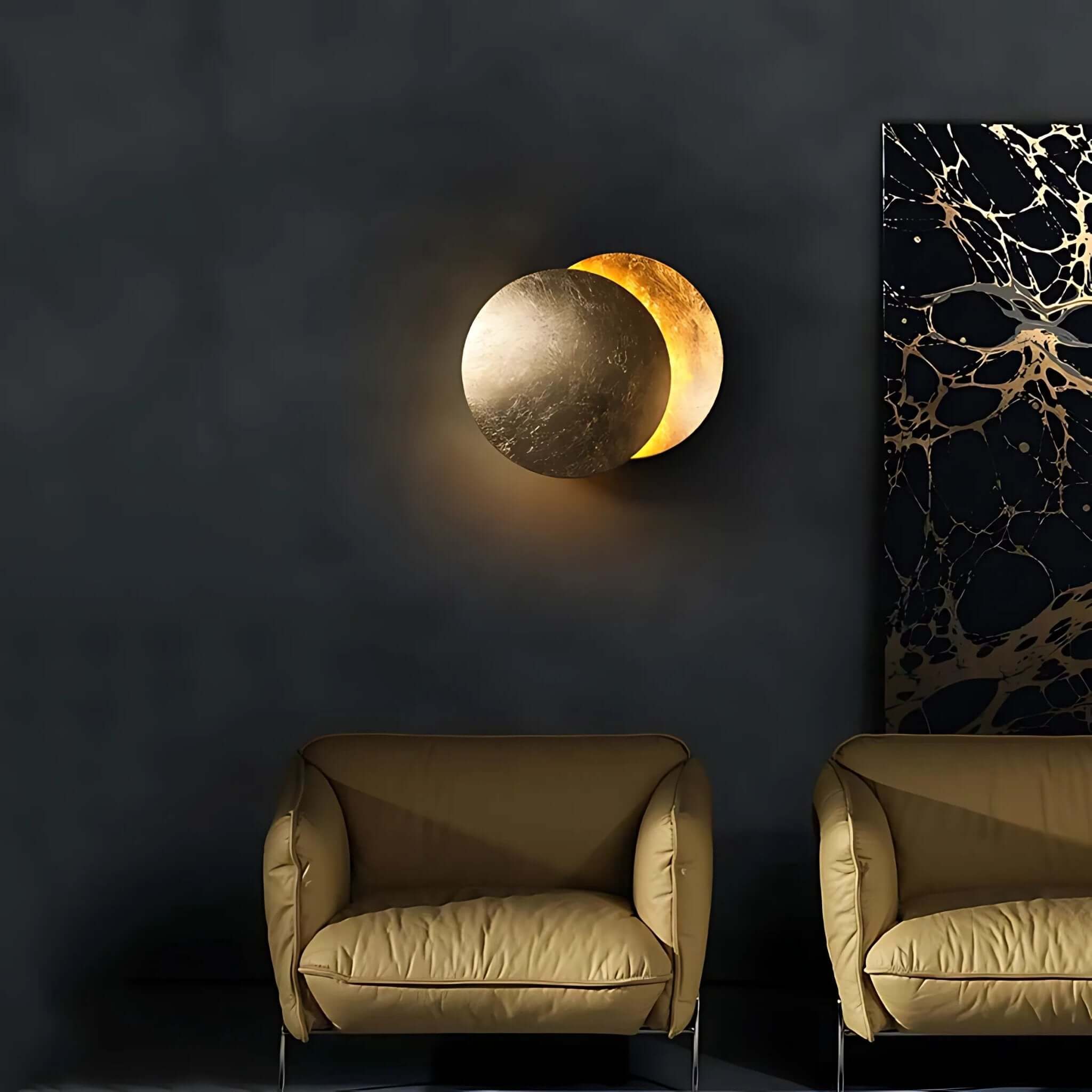 Doha modern LED wall light with layered circular metal design glowing on a dark living room wall