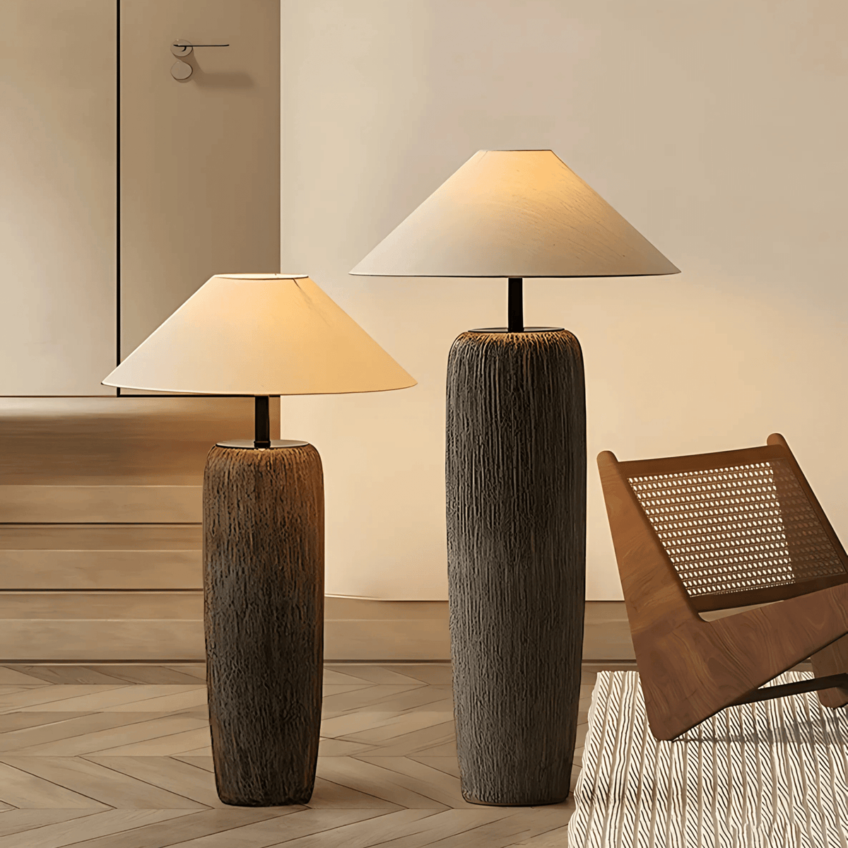 Tokyo floor lamp with textured clay base and wide fabric shade in a modern living room