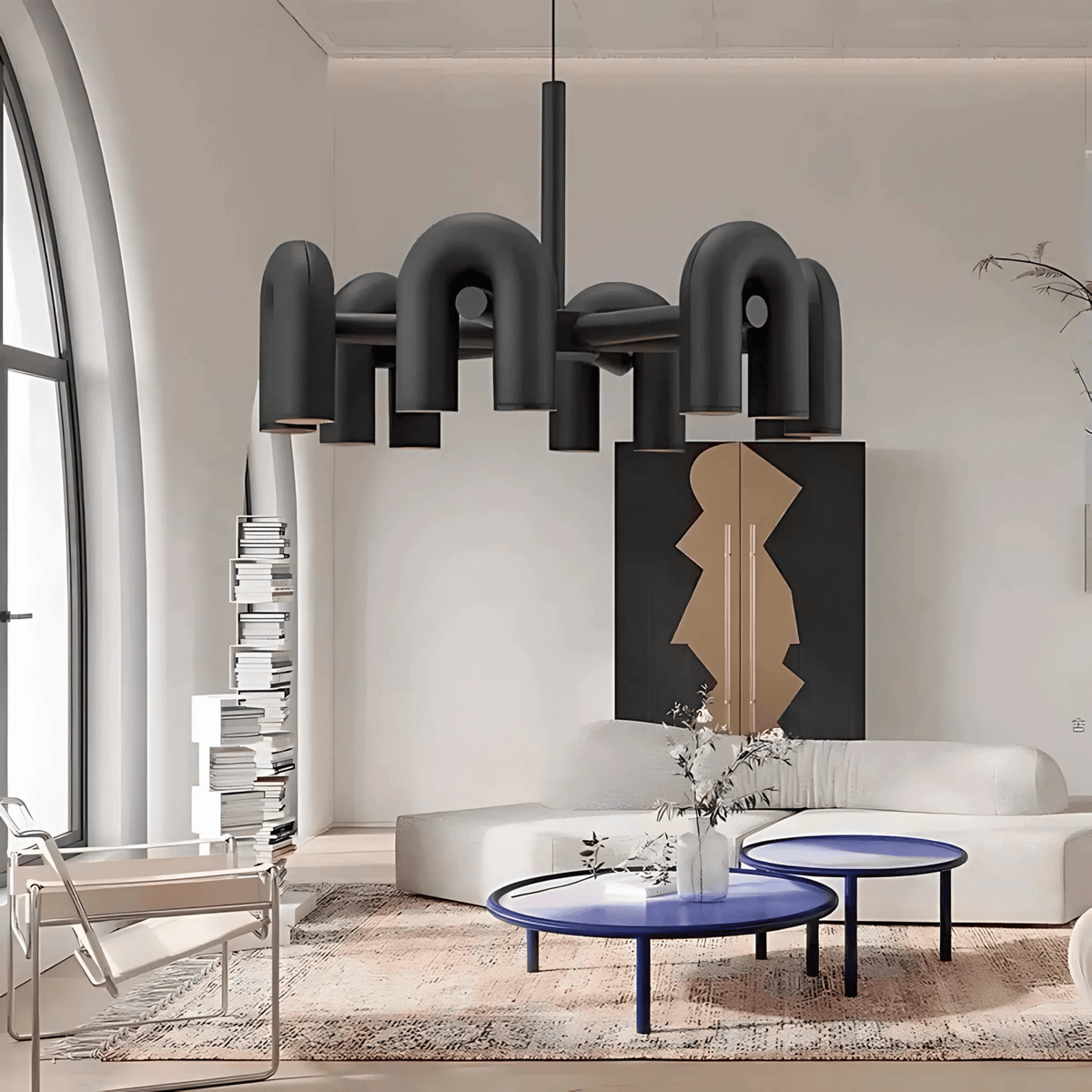 Sydney chandelier modern U-shaped black LED pendant light in a contemporary living room