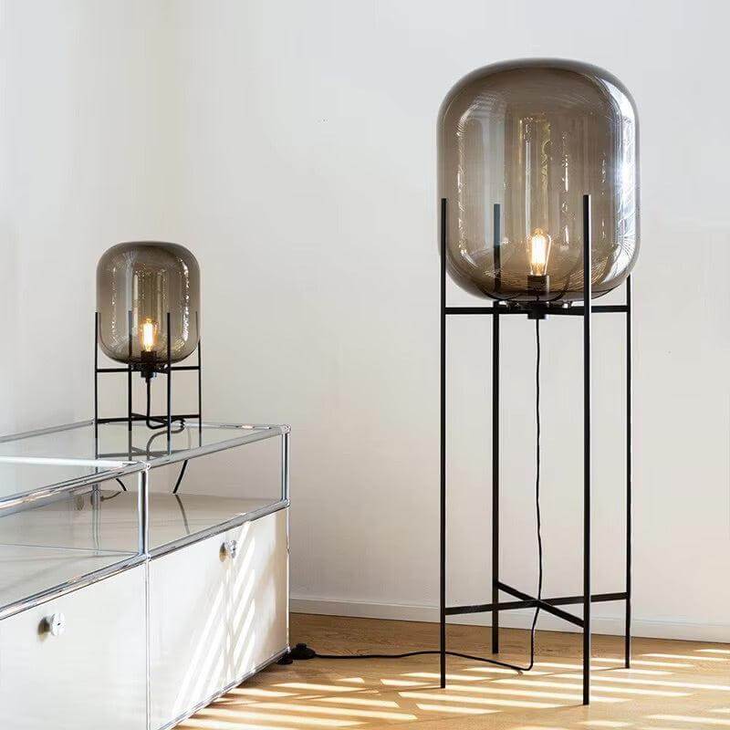 Ottawa floor lamp with smoked glass shade and black metal frame in a modern living room