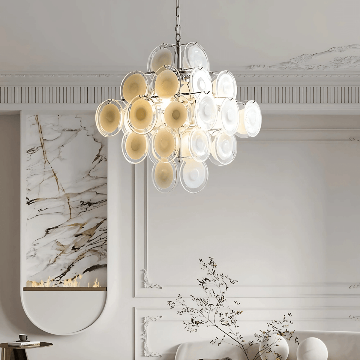 Havana chandelier with suspended glass discs in a modern white living room interior