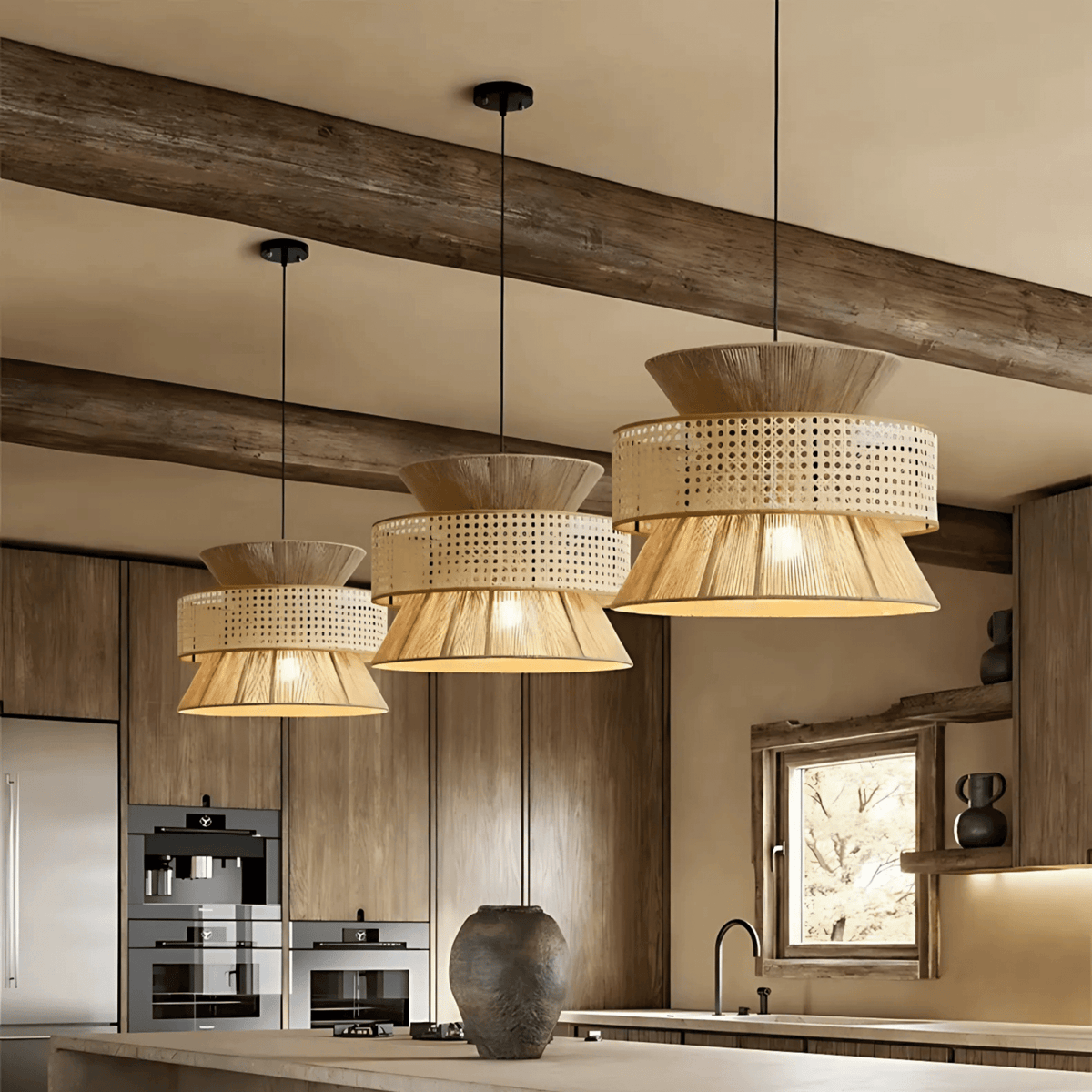 Beijing pendant light with woven rattan shade hanging above a rustic modern kitchen island