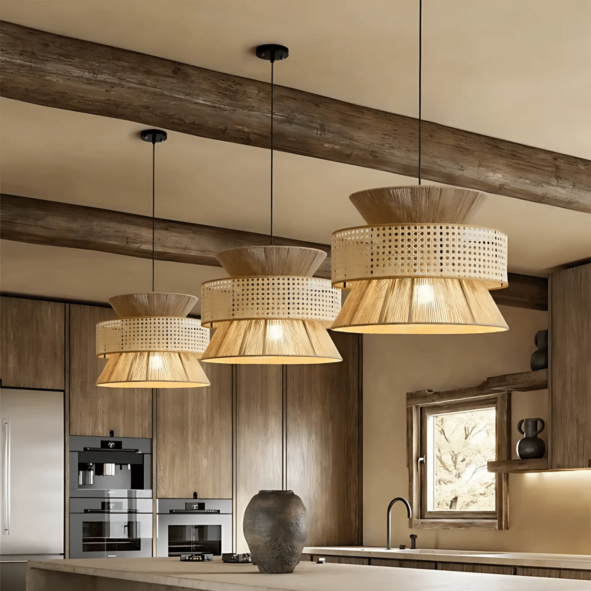 Beijing pendant light with woven rattan shade hanging above a rustic modern kitchen island