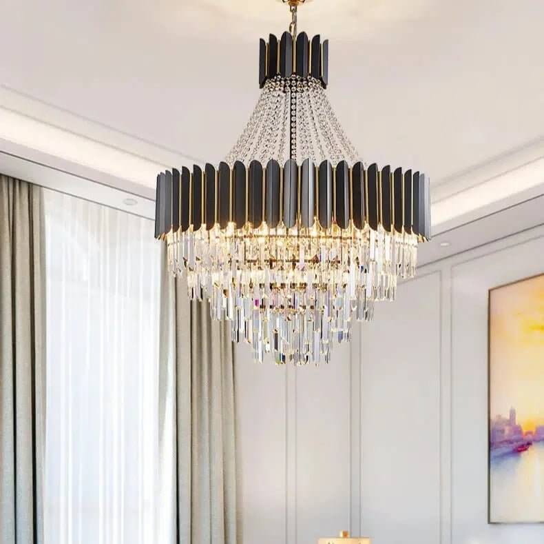 Accra crystal chandelier with black and gold frame and cascading crystal drops in a modern interior