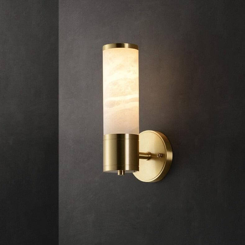 Port Vila brass and marble wall light with cylindrical LED shade and modern indoor sconce design