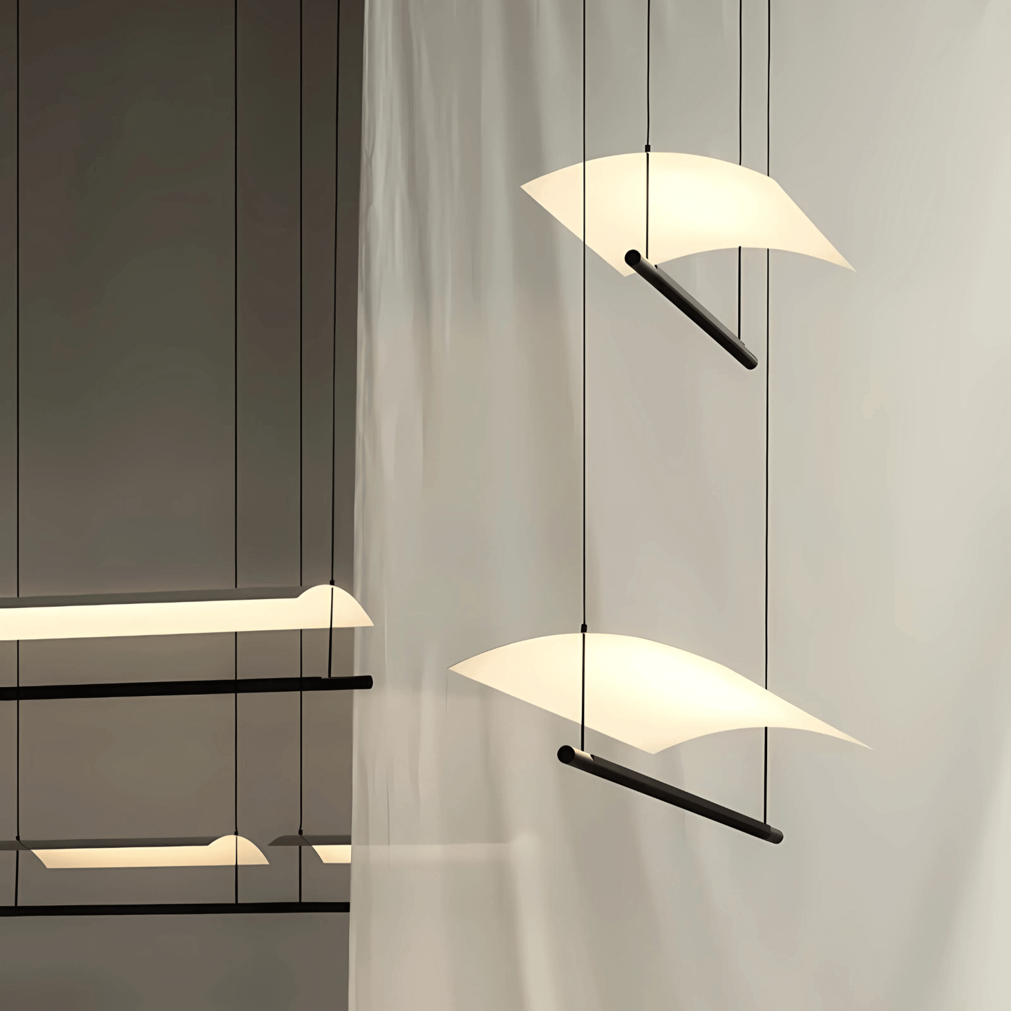 Brasília linear pendant light with curved white LED shade and black metal frame in a modern interior