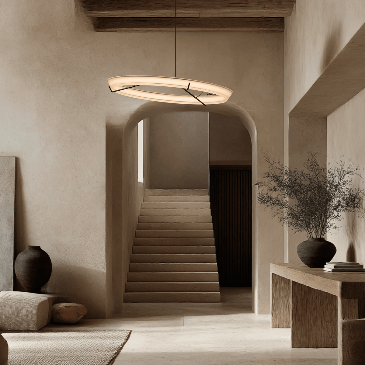 Cairo chandelier modern LED pendant light in a minimalist interior with ring design and warm ambient glow